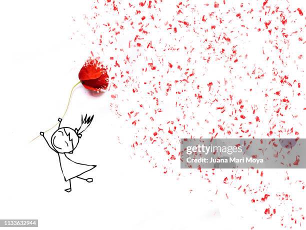 drawing of a happy girl holding a poppy.  announces the arrival of spring - red poppy stock pictures, royalty-free photos & images