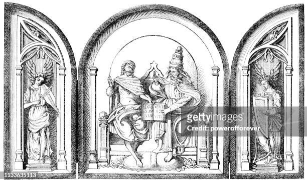 ilustraciones, imágenes clip art, dibujos animados e iconos de stock de triptych renacentista "un tableau de devoción"-siglo 16 - tableau