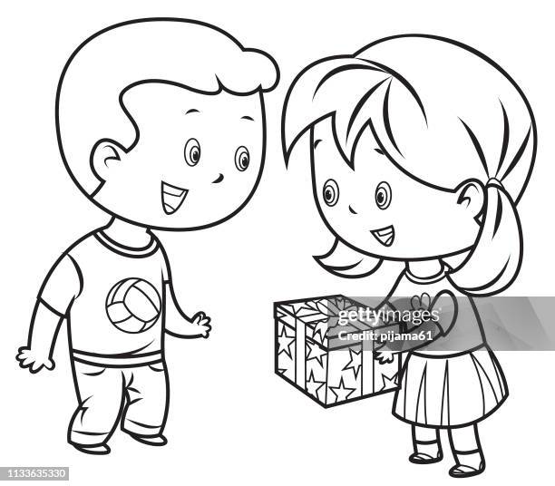 ilustraciones, imágenes clip art, dibujos animados e iconos de stock de libro para colorear, linda niña dando regalo a un niño - kid and little sister cartoon