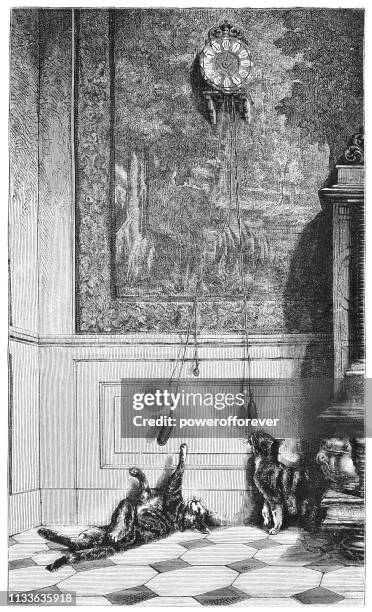 a clock that advances by louis eugene lambert - 19th century - cat clock stock illustrations