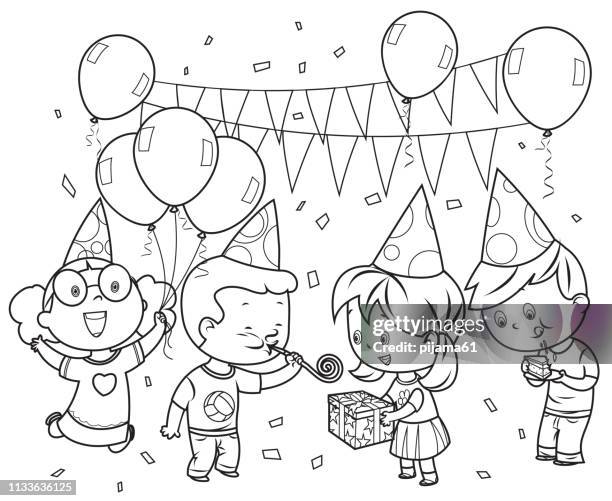 illustrazioni stock, clip art, cartoni animati e icone di tendenza di libro da colorare, festa per bambini - colorare