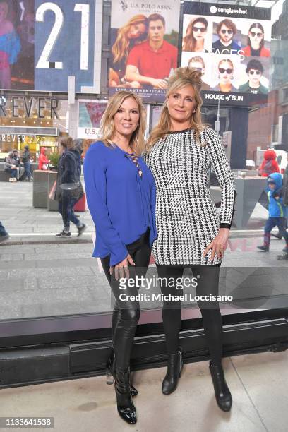 Reality TV personalities and Real Housewives of New York City Ramona Singer and Sonja Morgan visit "Extra" at The Levi's Store Times Square on March...