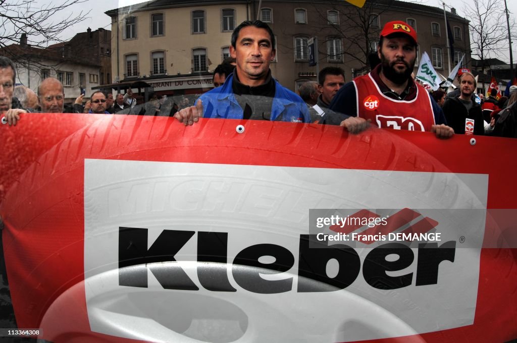 Kleber's workers demonstrate to protest against the decision of the mother-company, Michelin, of closing Kleber's factory in 2009 in Toul, France on October 12, 2007.