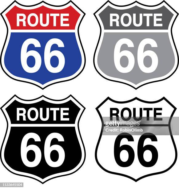 illustrazioni stock, clip art, cartoni animati e icone di tendenza di quattro cartelli della route 66 - route 66