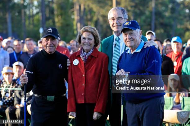 Kathleen Gawthrop, wife of Masters champion Arnold Palmer poses for a photo on No. 1 tee with Masters champion Gary Player of South Africa, Chairman...