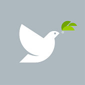 Geometric style logo mark template of white dove with olive branch on grey background