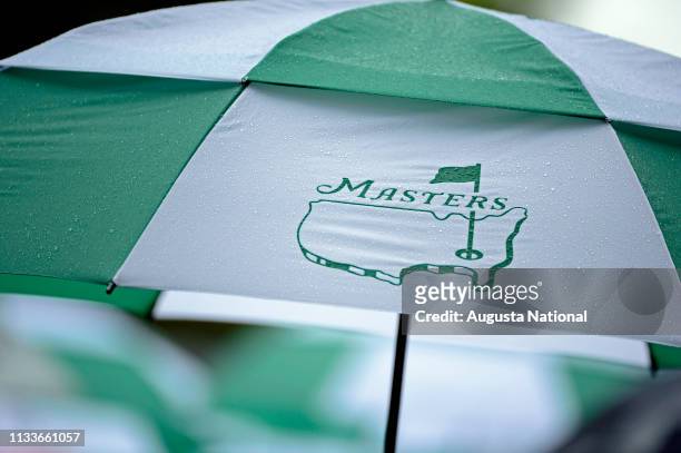 Detail of an umbrella with the official Masters logo on it during the third round of the Masters at Augusta National Golf Club, Saturday, April 7,...