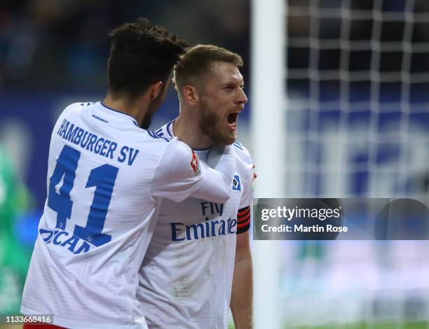 Aaron Hunt of Hamburg celebrates scoring his goal with Berkay Özcan during the Second Bundesliga match between Hamburger SV and SpVgg Greuther Fuerth...