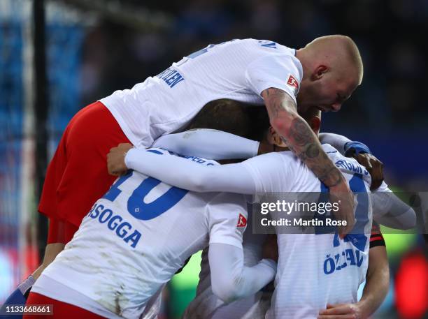 Aaron Hunt of Hamburg celebrates scoring his goal with Berkay Özcan, Pierre-Michel Lasogga and Rick Van Drongelen during the Second Bundesliga match...