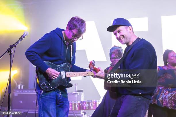 Graham Coxon and Damon Albarn of Blur perform on stage in Africa Express: The Circus, part of Waltham Forest London Borough of Culture 2019 at the...