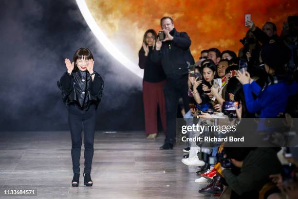 Designer Shiatzy Chen acknowledges the audience after the Shiatzy Chen show as part of the Paris Fashion Week Womenswear Fall/Winter 2019/2020 on...