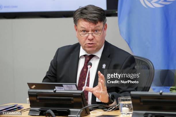 United Nations, New York, USA, March 28, 2019 - Petteri Taalas, Secretary-General of the World Meteorological Organization , speaks at the press...