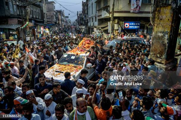 Congress Party's Priyanka Gandhi does road show during her Campaigns on March 29, 2019 in Ayodhya, Utter Pradesh, India. Congress leader Priyanka...