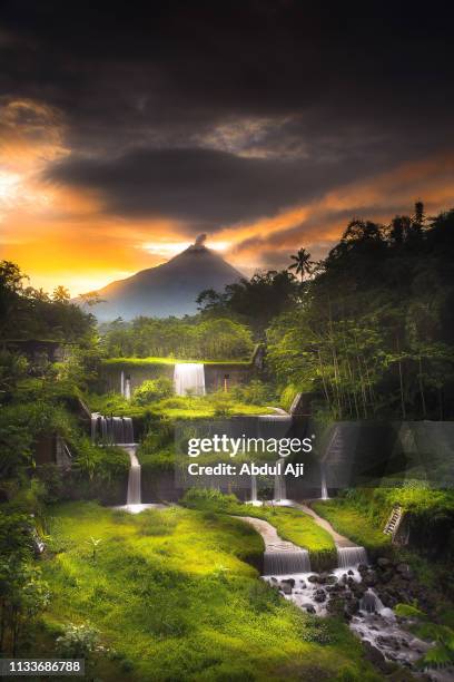 merapi volcano eruption in the morning from magelang, central java - mount merapi volcano stock pictures, royalty-free photos & images
