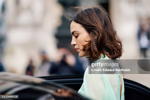 Alexa Chung is seen, outside Stella McCartney, during Paris Fashion Week Womenswear Fall/Winter 2019/2020, on March 04, 2019 in Paris, France.