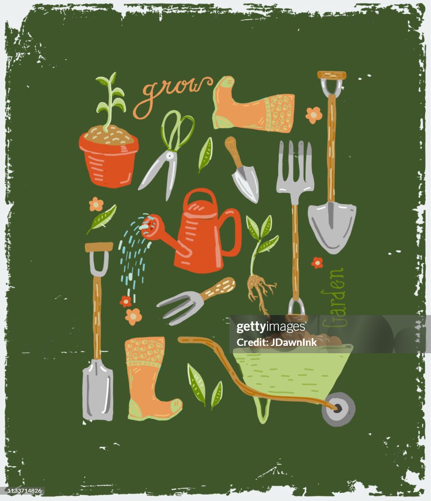 Ensemble d'outils et d'équipement mignons de jardinage dessinés à la main avec le lettrage à la main