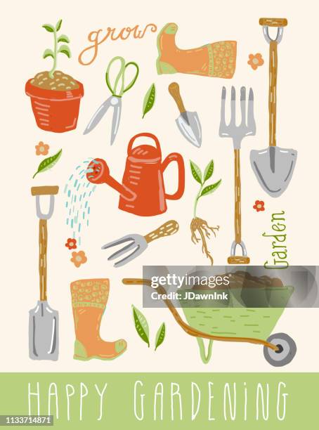 set of hand drawn cute gardening tools and equipment with hand lettering - raking leaves stock illustrations