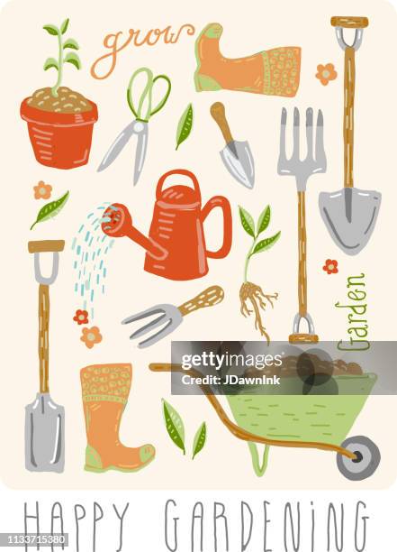 set of hand drawn cute gardening tools and equipment with hand lettering - rake leaves stock illustrations