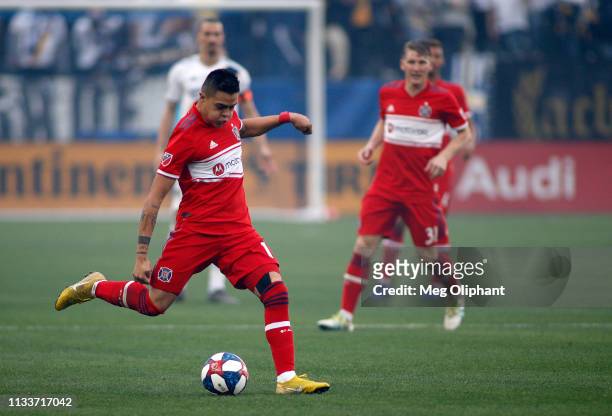 Diego Campos of Chicago Fire handles the ball in the game against the Los Angeles Galaxy at Dignity Health Sports Park on March 02, 2019 in Carson,...