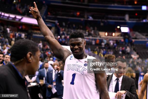 Zion Williamson of the Duke Blue Devils celebrates following their game against the Virginia Tech Hokies during the 2019 NCAA Men's Basketball...