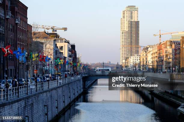 The UP-site tower is seen from the Brussels-Charleroi Canal on March 29, 2019 in Brussels, Belgium. It is the highest residential tower in the...