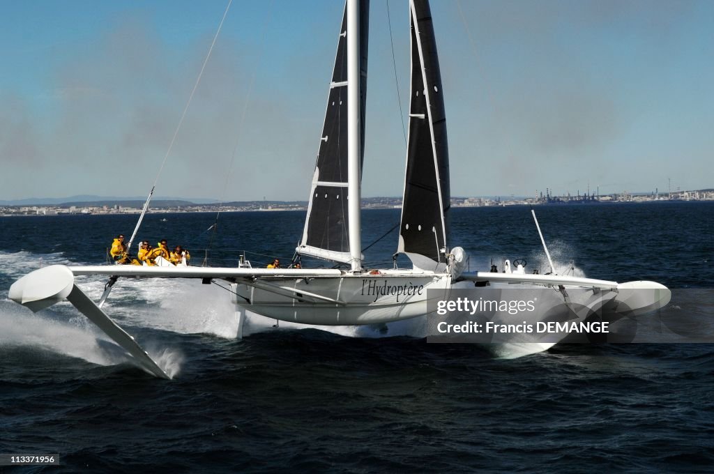 Hydroptere : faster than storm. Poseidon's mirage In Marseille, France On August 08, 2008.