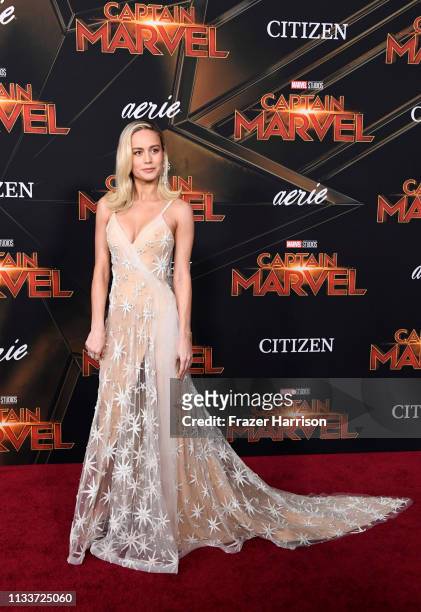 Brie Larson attends Marvel Studios "Captain Marvel" Premiere on March 04, 2019 in Hollywood, California.