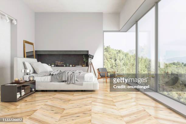 modernes schlafzimmer interieur mit naturblick - messy bedroom stock-fotos und bilder