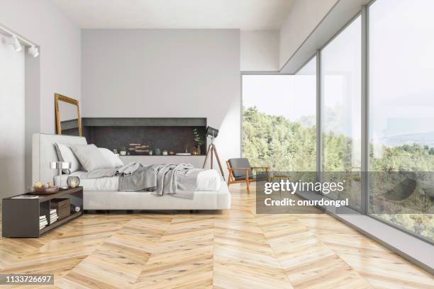 moderne slaapkamer interieur met uitzicht op de natuur - penthouse stockfoto's en -beelden