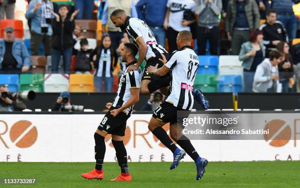 Rolando Mandragora of Udinese Calcio celebrates after scoring his team second goal during the Serie A match between Udinese and Genoa CFC at Stadio...