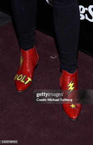 Genevieve Morton, shoe detail, attends the Los Angeles premiere of the EPIX Original Docu-Series "PUNK" at SIR on March 04, 2019 in Los Angeles,...