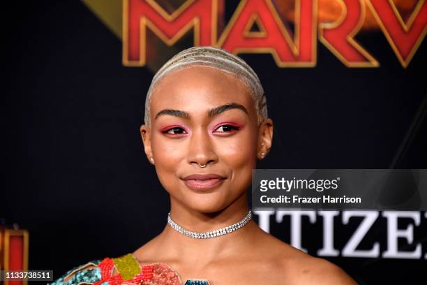 Tati Gabrielle attends Marvel Studios "Captain Marvel" Premiere on March 04, 2019 in Hollywood, California.