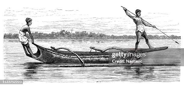 natives of the society islands on the fishing - solomon islands stock illustrations