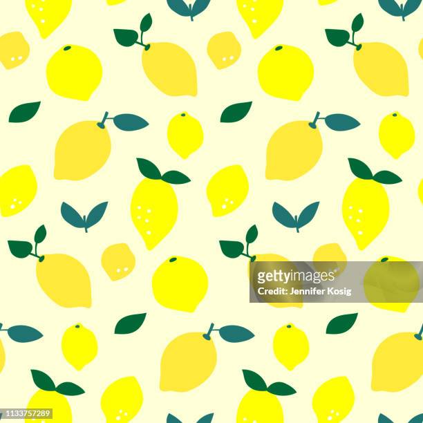 bildbanksillustrationer, clip art samt tecknat material och ikoner med sömlös citron frukt mönster illustration, gul bakgrund - mogen