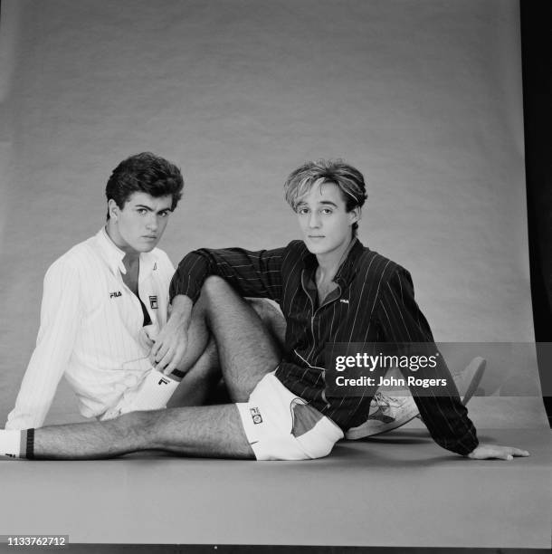 British singer-songwriters George Michael and Andrew Ridgeley of pop duo Wham!, UK, 8th November 1983.