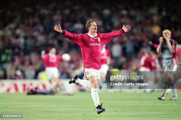 Manchester United striker Ole Gunnar Solskjaer celebrates at the end of the 1999 UEFA Champions League Final against Bayern Munich at the Camp Nou on...