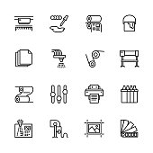 Printing house simple icon set. Contains such symbols printer, scanner, offset machine, plotter, brochure, rubber stamp. Polygraphy office, typography concept