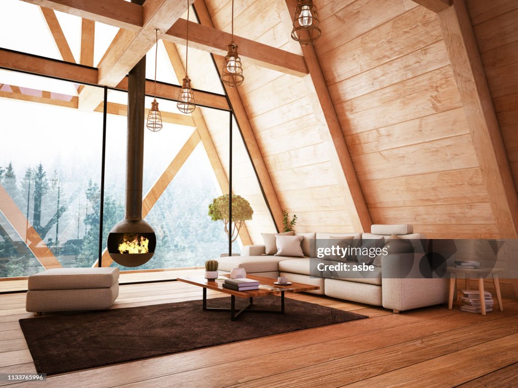 Wooden Interior with Funiture and Fireplace