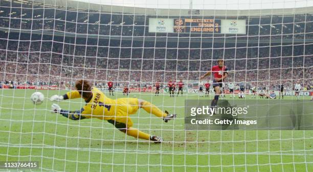 England goalkeeper David Seaman saves a penalty from Spain player Angel Nadal during the penalty shoot out during the 1996 UEFA European...