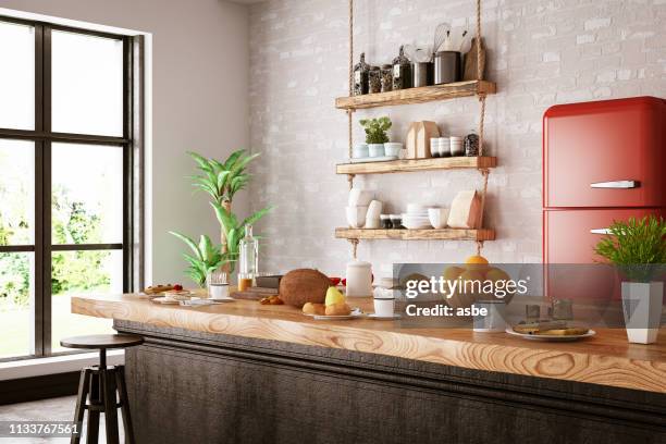 keuken counter met voedingsmiddelen - american breakfast stockfoto's en -beelden