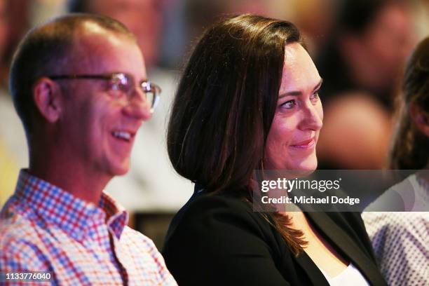 Andy Maher with wife Emma Race who was announced the women's number one ticket holder during the Hawthorn Hawks AFL season launch at Melbourne...