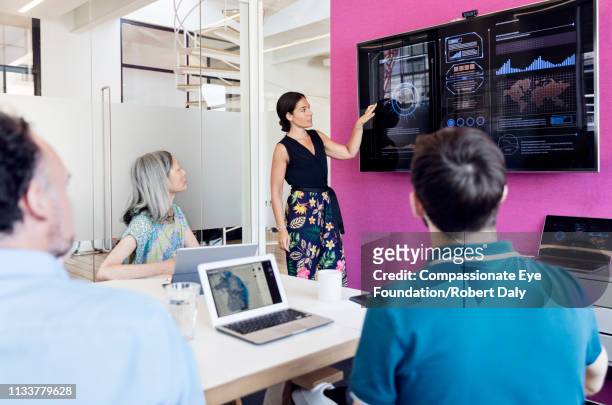 businesswoman using graphs on screen in business meeting - medium group of people stockfoto's en -beelden