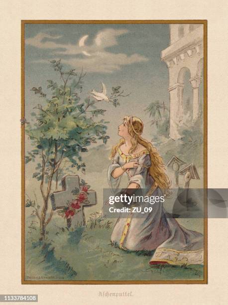 cinderella am grab ihrer mutter (altes märchen), chromolithographie, erschienen 1898 - aschenputtel stock-grafiken, -clipart, -cartoons und -symbole