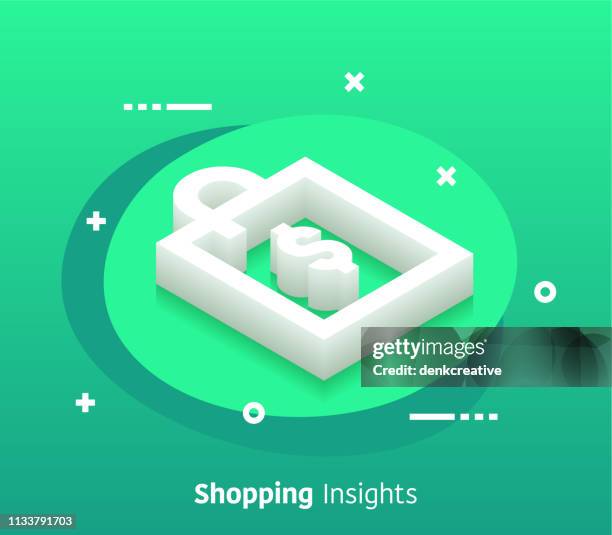 isometrische shopping insights vector web banner & icon design - money to burn stock-grafiken, -clipart, -cartoons und -symbole