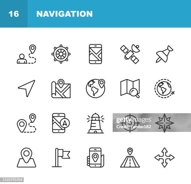 navigation line icons. bearbeitbare stroke. pixel perfect. für mobile und web. enthält solche ikonen wie. - karte navigationsinstrument stock-grafiken, -clipart, -cartoons und -symbole