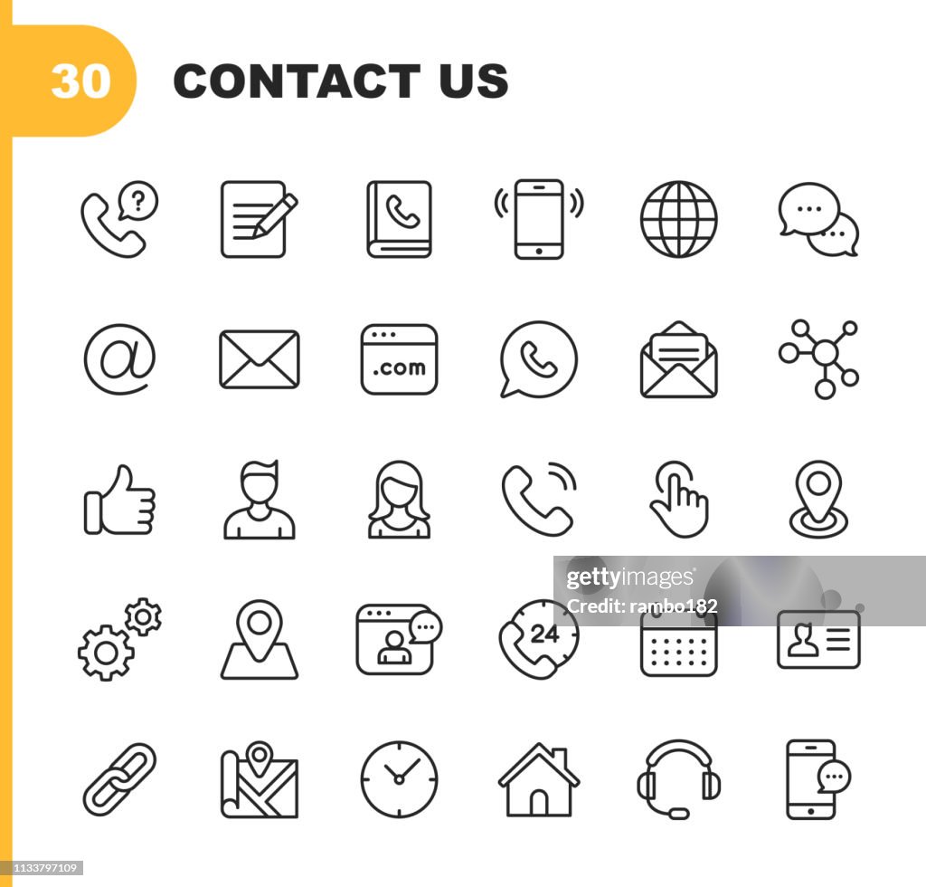 Kontakt Line Icons. Bearbeitbare Stroke. Pixel Perfect. Für Mobile und Web. Enthält solche Icons wie Like Button, Location, Kalender, Messaging, Netzwerk.