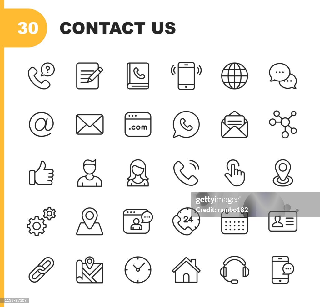 Kontakt linje ikoner. Redigerbar stroke. Pixel perfekt. För mobil och webb. Innehåller sådana ikoner som som knapp, plats, kalender, Messaging, nätverk.