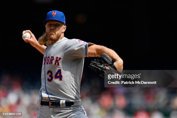 Noah Syndergaard of the New York Mets pitches in the first inning against the Washington Nationals at Nationals Park on March 30, 2019 in Washington,...