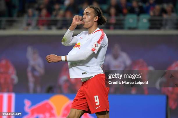 Yussuf Poulsen of RB Leipzig celebrates after scoring the 2:0 during the Bundesliga match between RB Leipzig and Hertha BSC at the Red Bull Arena on...