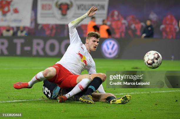 Timo Werner of RB Leipzig and Niklas Stark of Hertha BSC during the Bundesliga match between RB Leipzig and Hertha BSC at the Red Bull Arena on march...